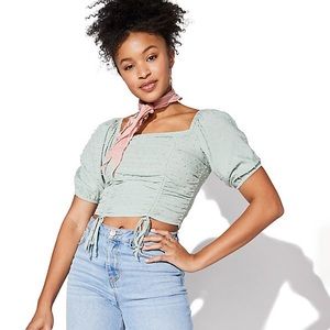 Puff sleeve ruched clip dot crop top